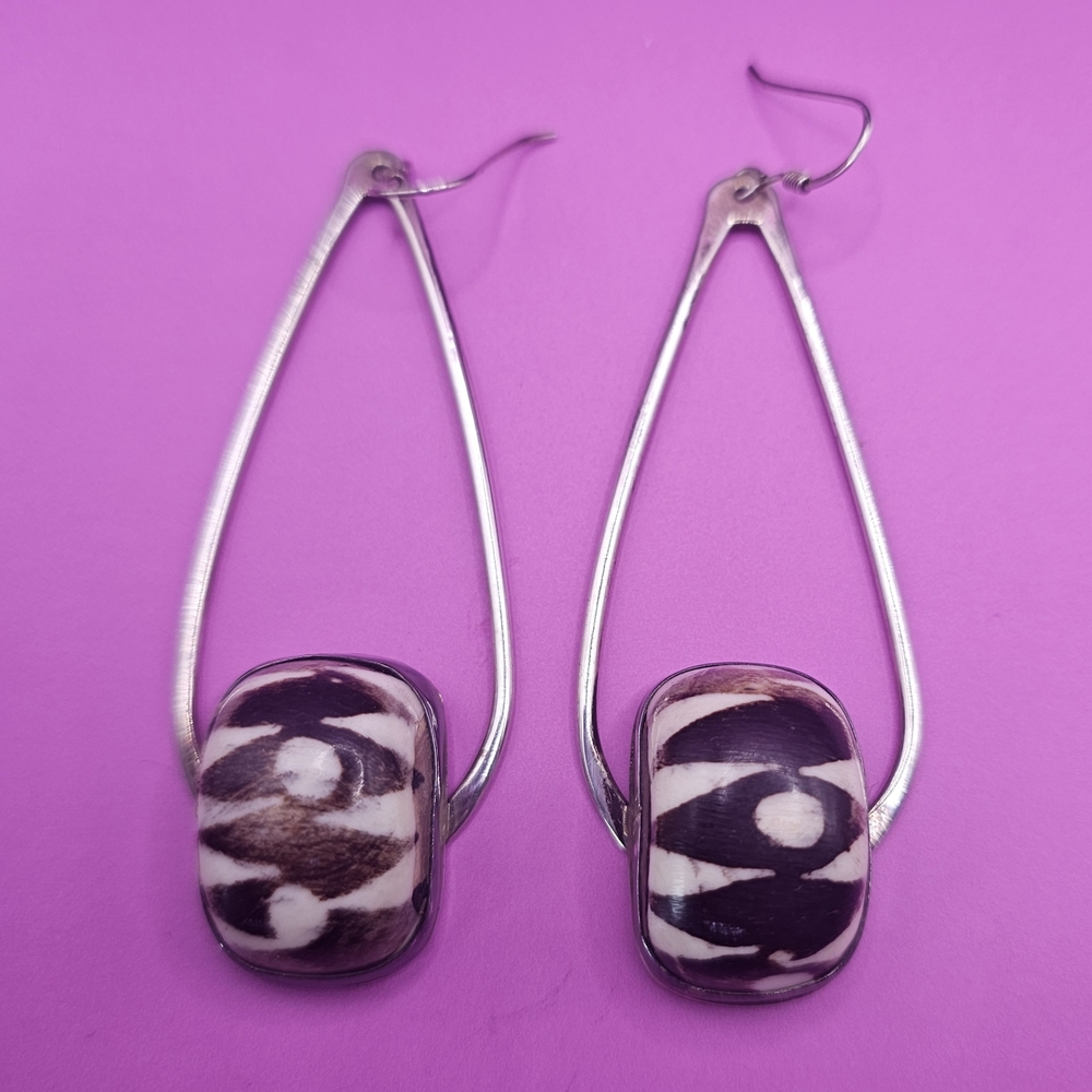 Silver and Batik Bone Bead Earrings